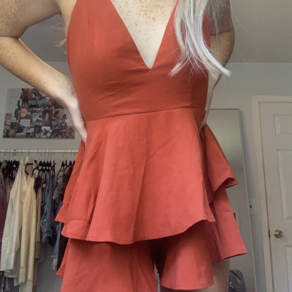 BURNT ORANGE RUFFLE ROMPER